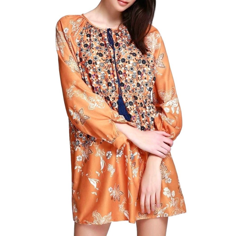 Zaful Boho Floral Tassel Shirt Dress